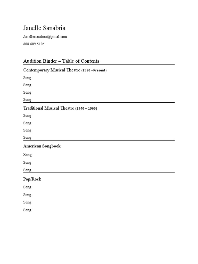 Audition Binder Table of Contents | PDF
