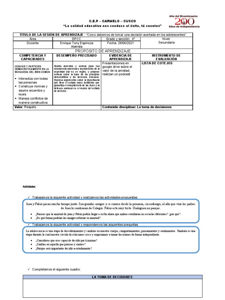 DPCC 4to 7ma Clase Ficha | PDF | Toma de decisiones | Evaluación