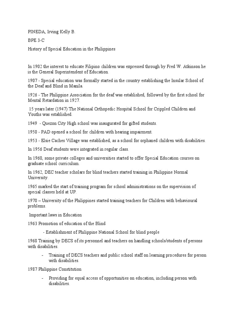 Timeline of Special and Inclusive Education in The US and Philippines ...