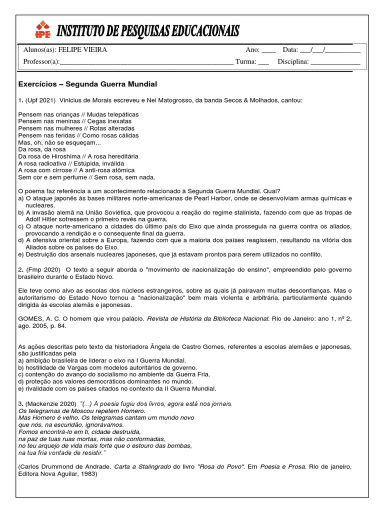 Exercícios sobre a Segunda Guerra Mundial | PDF | Segunda Guerra ...