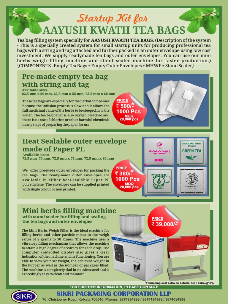 Ayush Kwath Type Empty Dip Tea Bags PDF Paper Envelope
