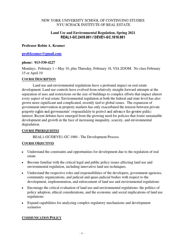 Syllabus Land Use and Environmental Regulation PDF Environmental
