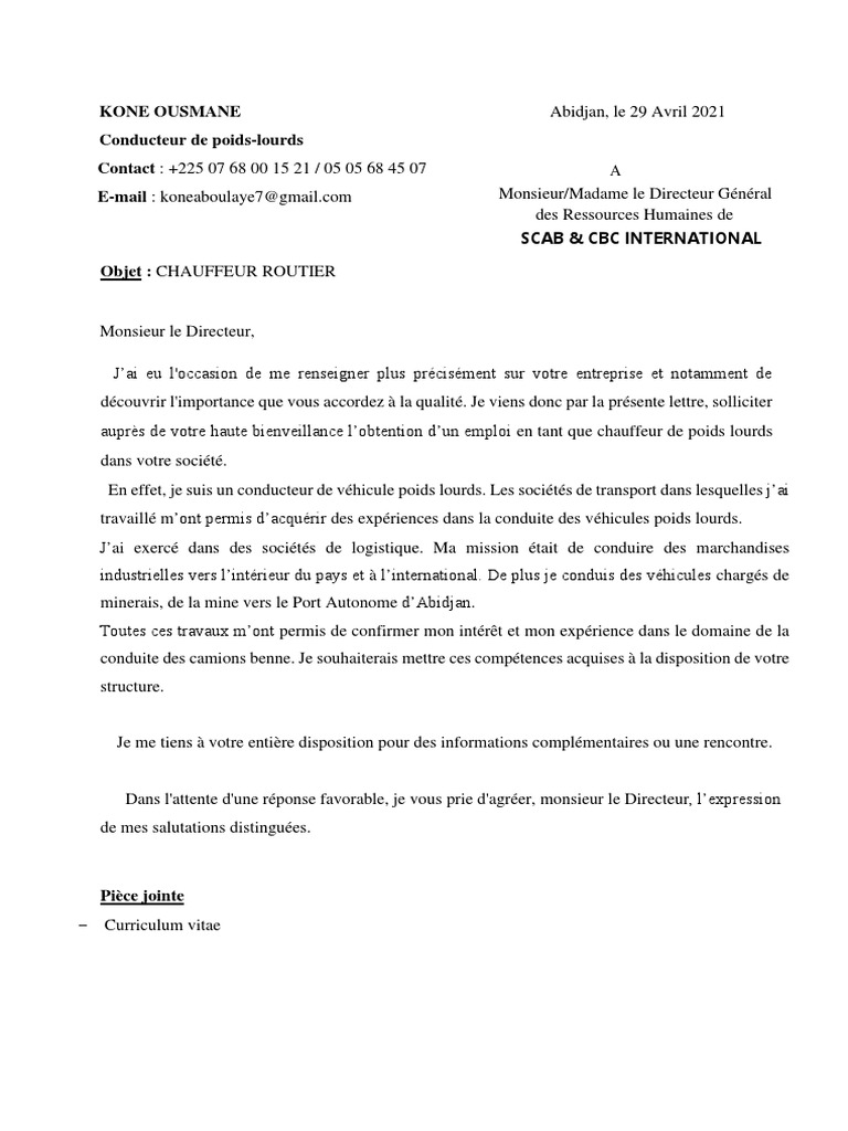 Lettre De Motivation Pour Chauffeur Poids Lourd Gratuit Letttre de Motivation | PDF