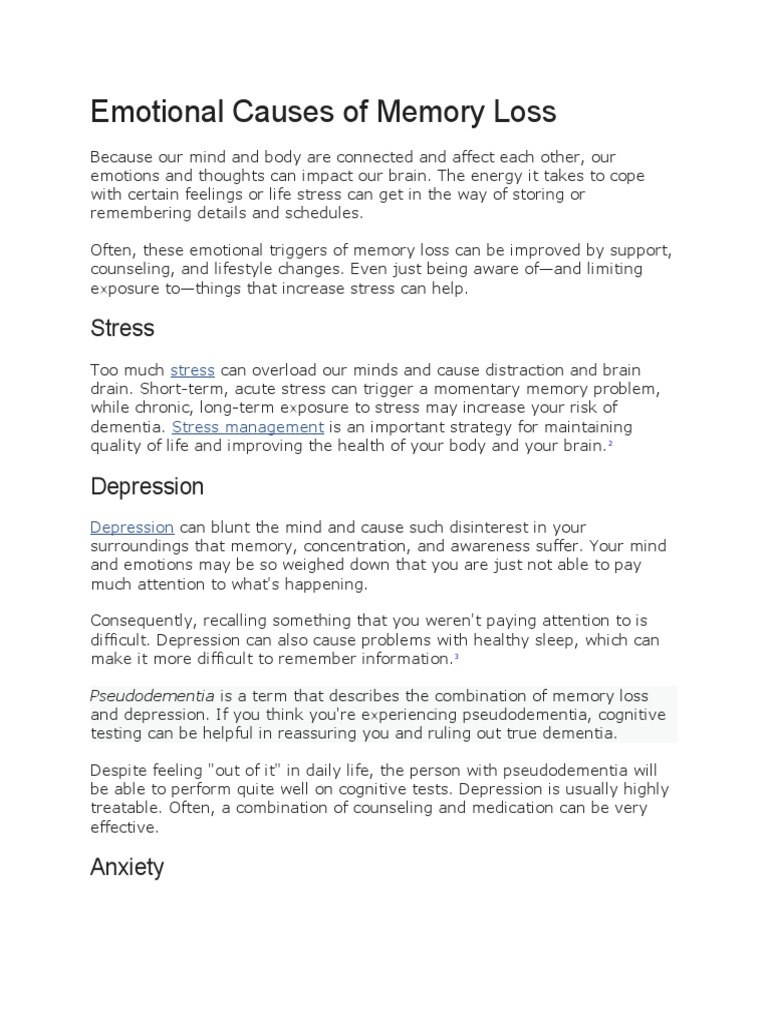 Emotional Causes of Memory Loss PDF Dementia Alzheimer's Disease