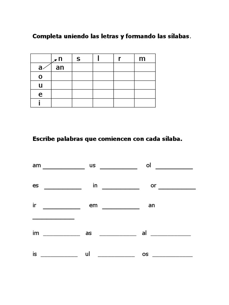 Ejercicio de Sílabas y Palabras | PDF | Artes del Lenguaje y Comunicación