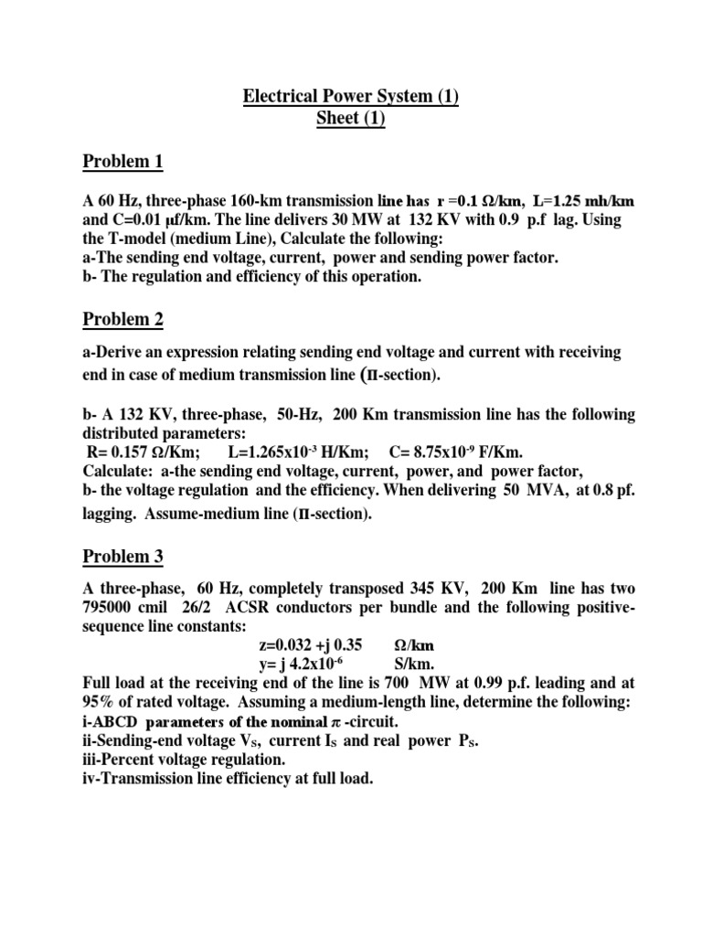 Sheet (1) Electrical Power SystemTransmission Line PDF Electric Power Transmission