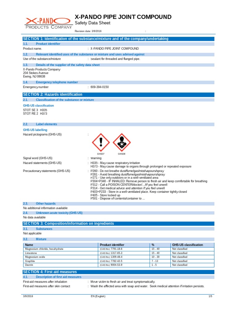 XPando Pipe Joint Compound SDS (Us) 3916 PDF Toxicity Occupational Safety And Health