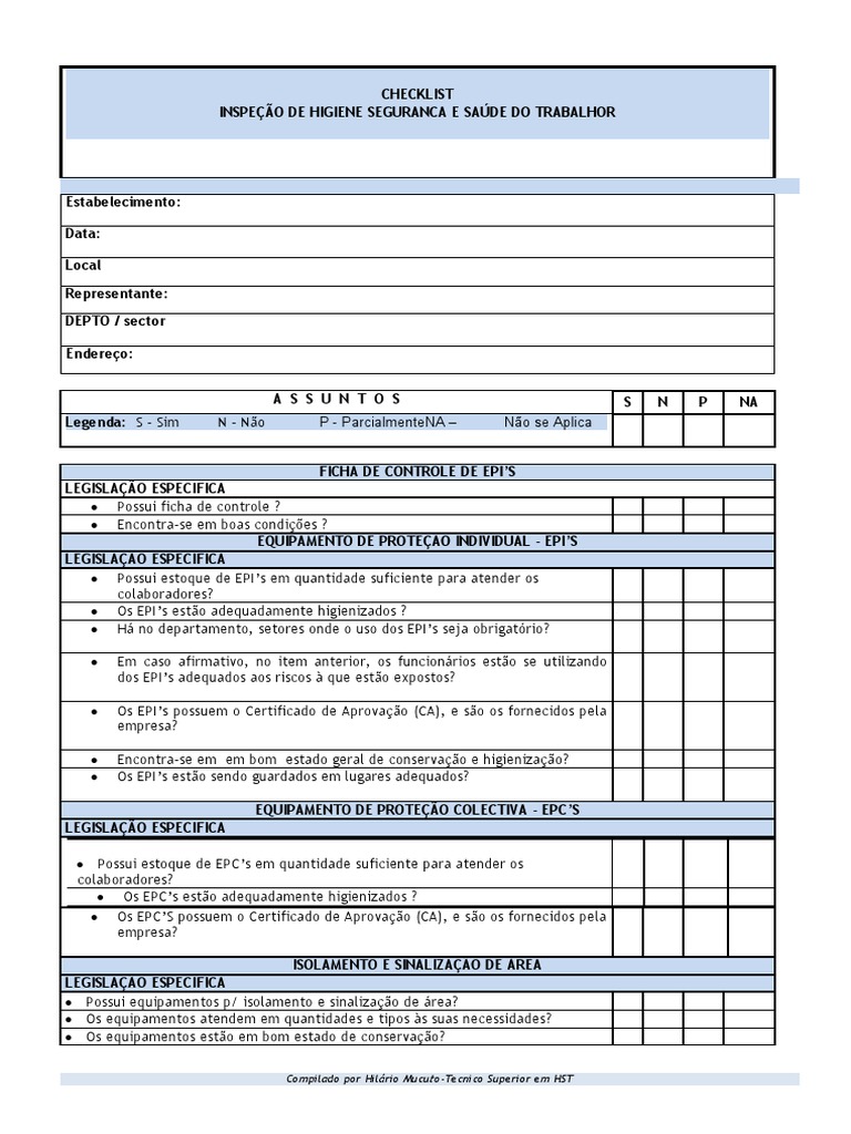 Checklist de Segurança e Higiene no Trabalho | PDF | Fiação elétrica ...