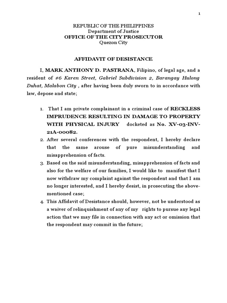 Affidavit of Desistance by Mark Pastrana | PDF | Affidavit | Judiciaries