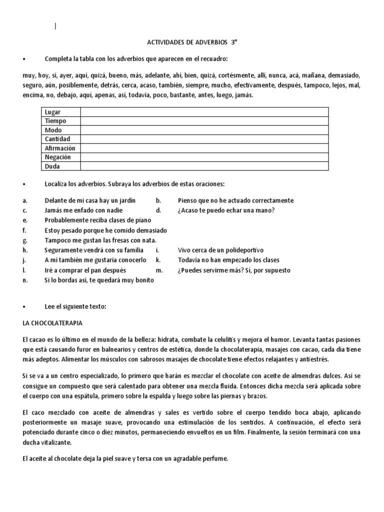 Actividades de Adverbios 3 | PDF | Chocolate | Adverbio