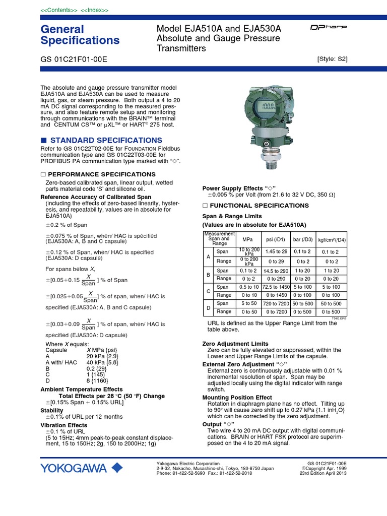 General Specifications Model EJA510A and EJA530A Absolute and Gauge
