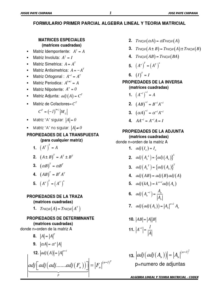 Formulario de Álgebra Lineal y Matrices | PDF | Matriz (Matemáticas ...