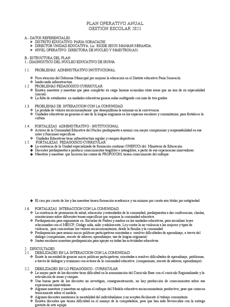 Ejemplo de POA Educativo 2021 | PDF | Plan de estudios | Maestros