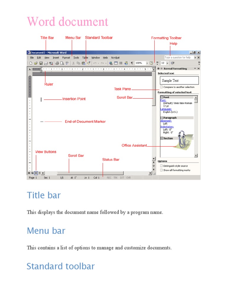 Word Document Title Bar Menu Bar Standard Toolbar PDF Menu