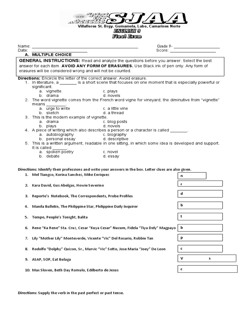 General Instructions:: English 9 Final Exam | PDF | Greek Deities