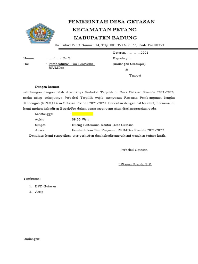 Undangan Pembentukan Tim Penyusun RPJM | PDF