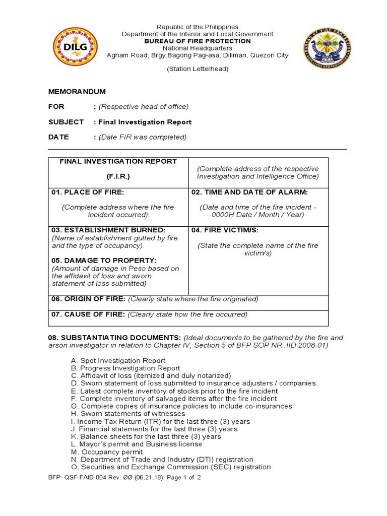 Final Fire Investigation Report Template | PDF | U.S. Securities And ...