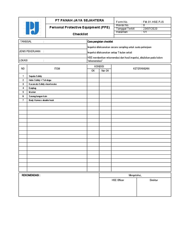 Checklist Inspeksi APD PT Panah Jaya Sejahtera | PDF