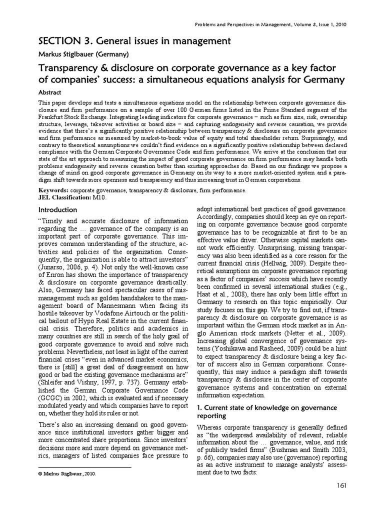Transparency & Disclosure On Corporate Governance As A Key Factor of ...