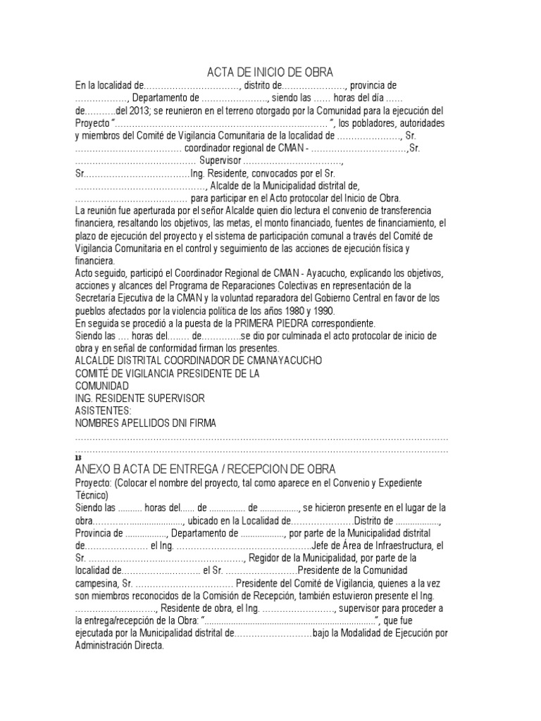 Acta de Inicio de Obra Comunitaria | PDF | Gobierno local | Alcalde