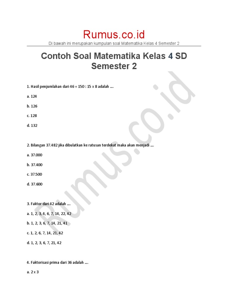 Contoh Soal Matematika Kelas 4 SD Semester 2 | PDF
