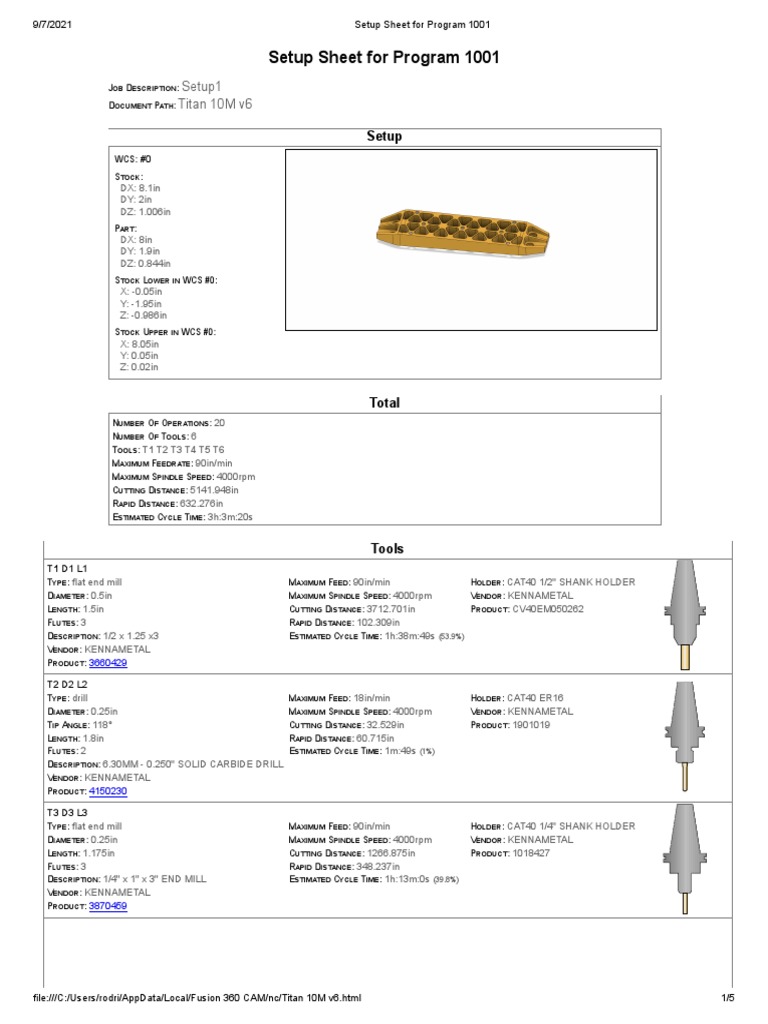 Setup Sheet for Titan 10M v6 Program 1001 | PDF