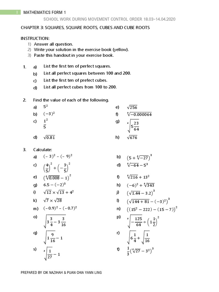 Form 1 Maths: Squares and Cubes Exercise | PDF | Volume | Area