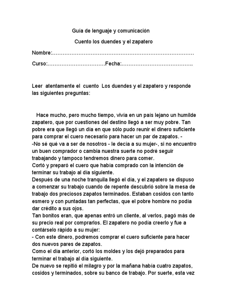 El zapatero y los duendes: Guía de lectura | PDF | Novela negra ...
