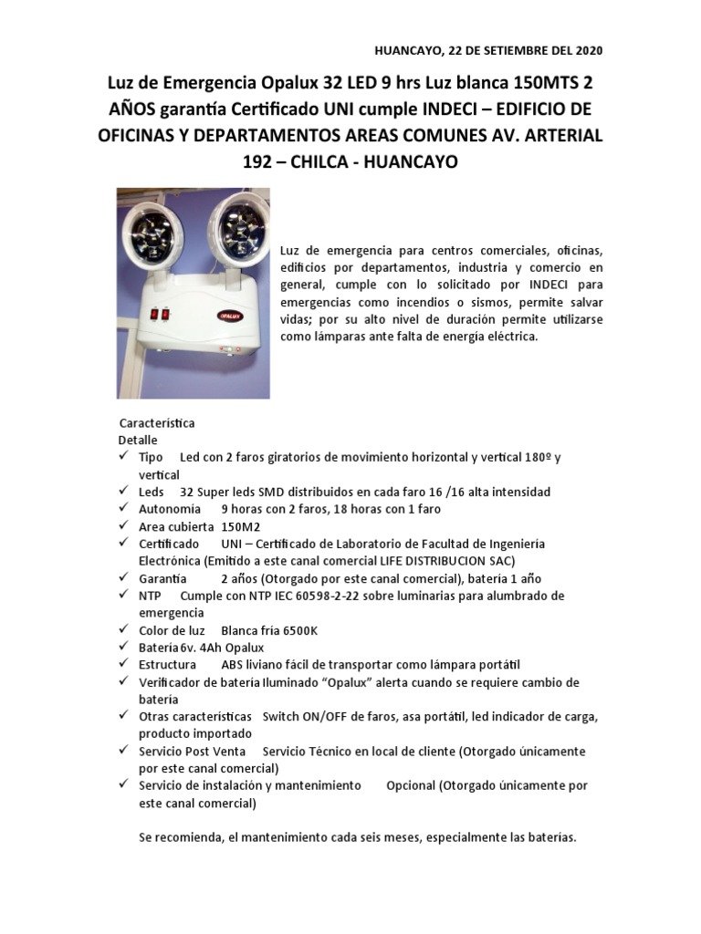 0 Luz de Emergencia Opalux 32 LED 9 Hrs Luz Blanca 150MTS 2 AÑOS