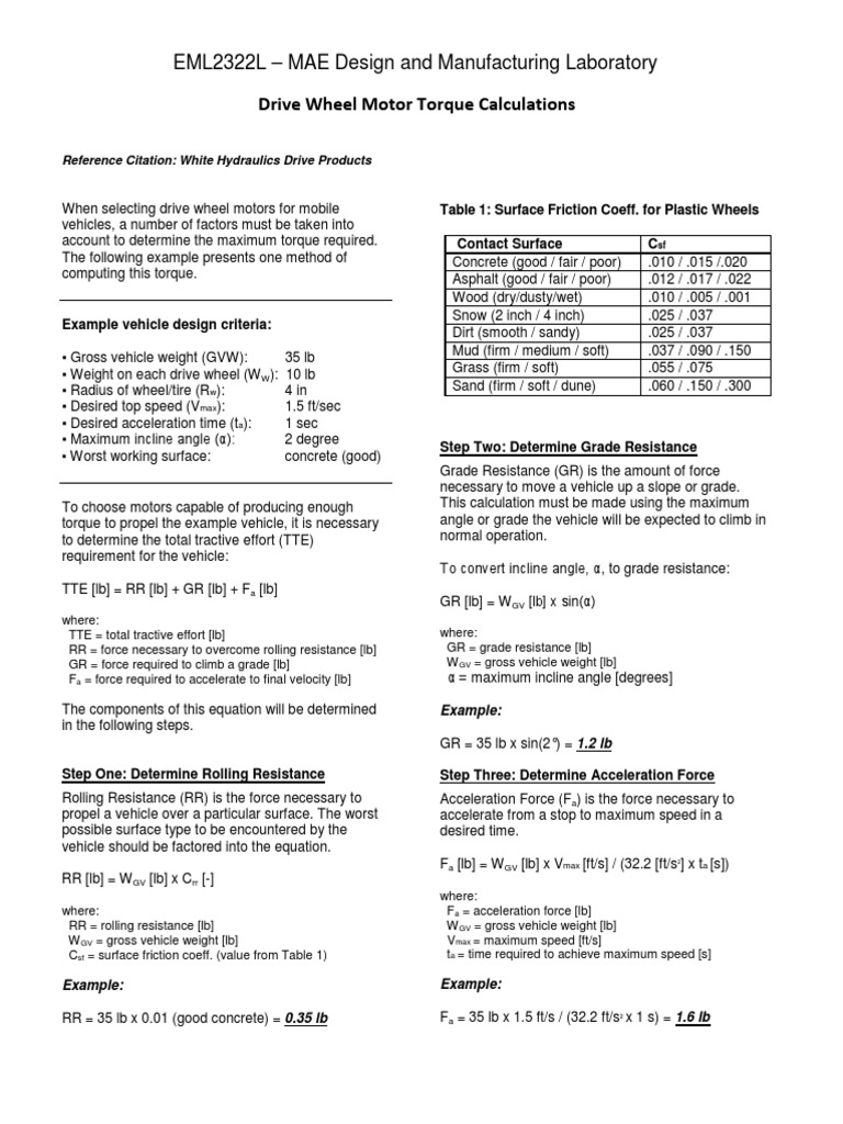 Drive Wheel Motor Torque Calculations | PDF | Friction | Torque