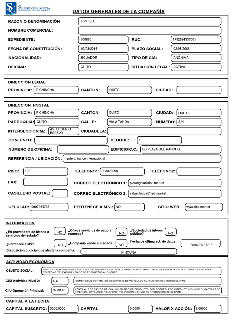 Datos Generales de Tipti S.A. | PDF | Ecuador | Correo