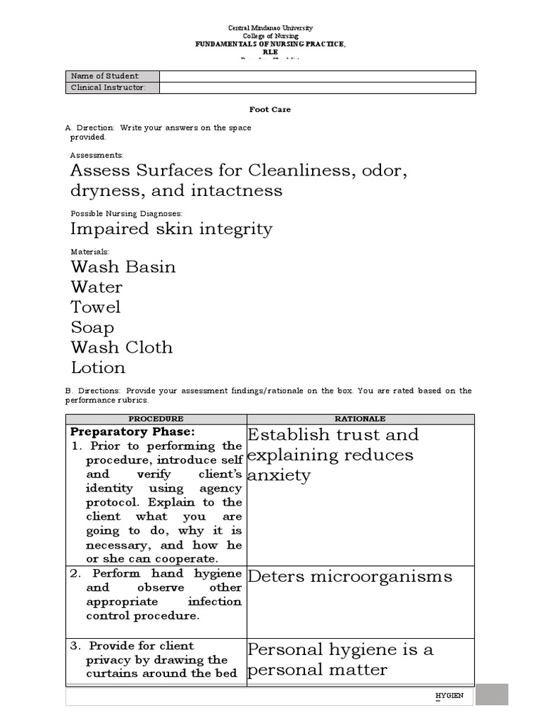 Foot Care Procedure Checklist PDF Hygiene Nail (Anatomy)