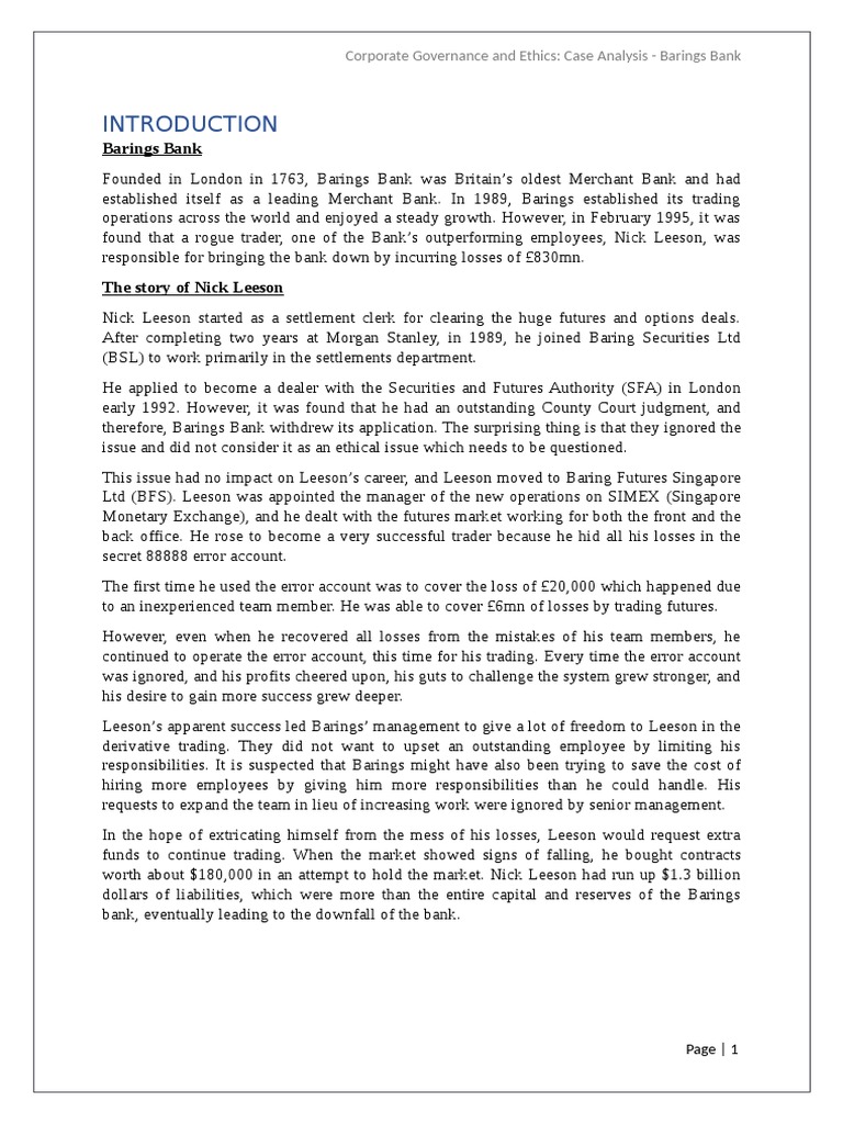 Barings Bank Corporate Governance and Ethics Case Analysis Barings