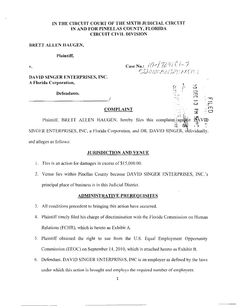 Brett Allen Haugen V David Singer Enterprises Religious