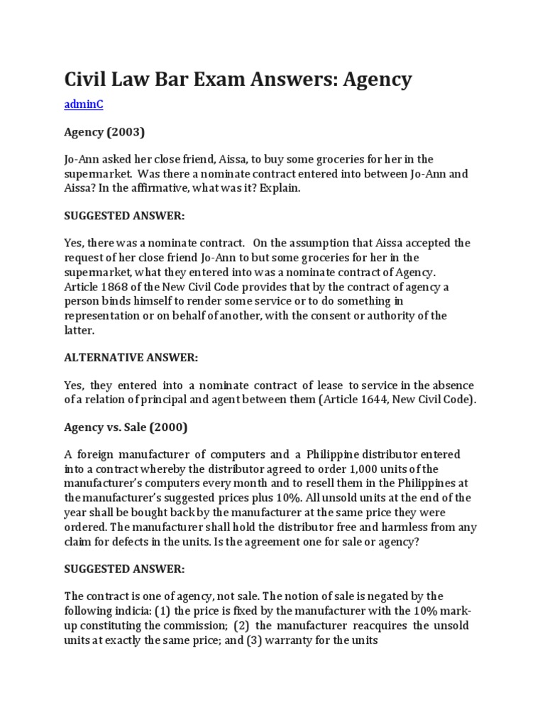 Civil Law Bar Exam Answers Law Of Agency Foreclosure
