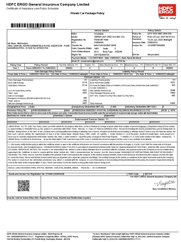 HDFC Ergo Car Insurance 202122 PDF Deductible Liability Insurance