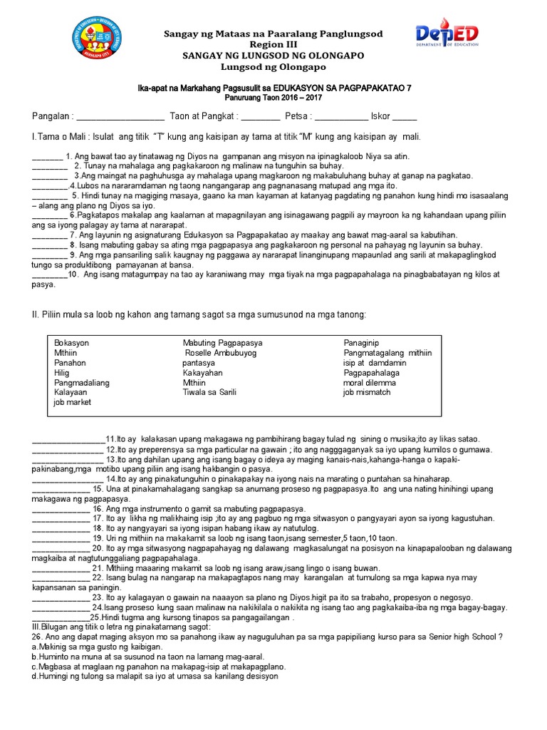 4th Periodical Test gr7 | PDF
