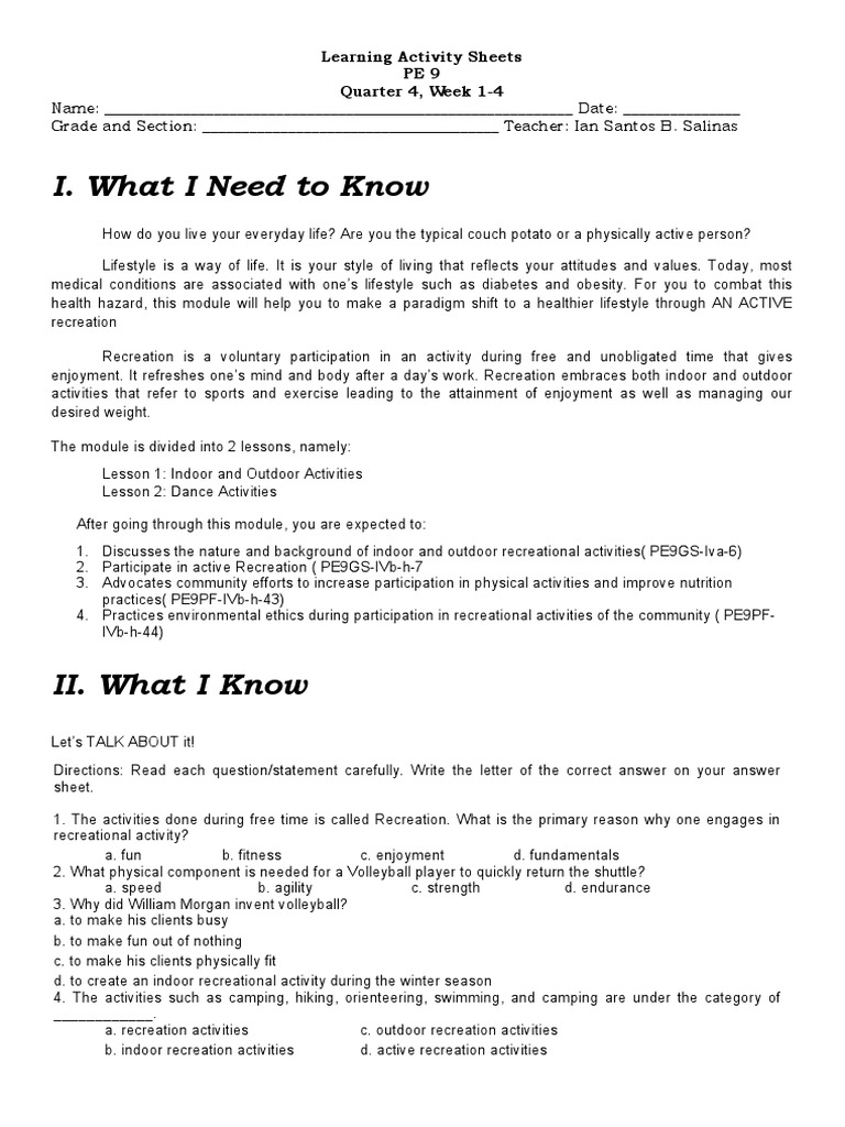 4TH Quarter Grade 9 Pe Learning Activity Sheets Week 1 - 4 | PDF | Physical  Fitness | Obesity
