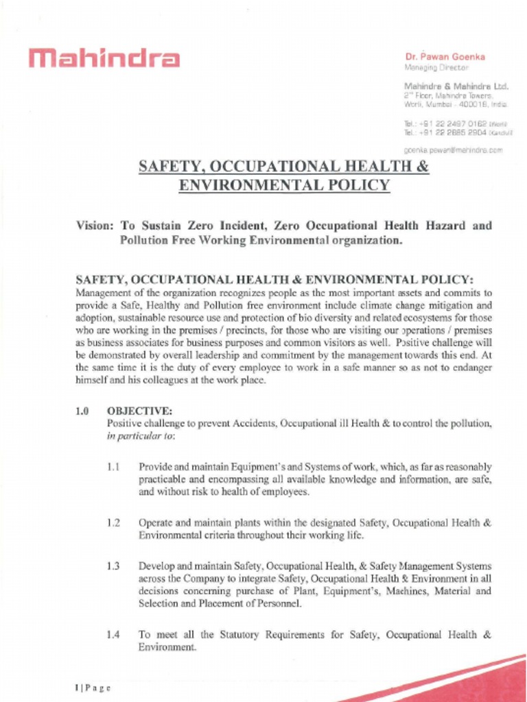 Safety Occupational Health Environmental Policy M M | PDF