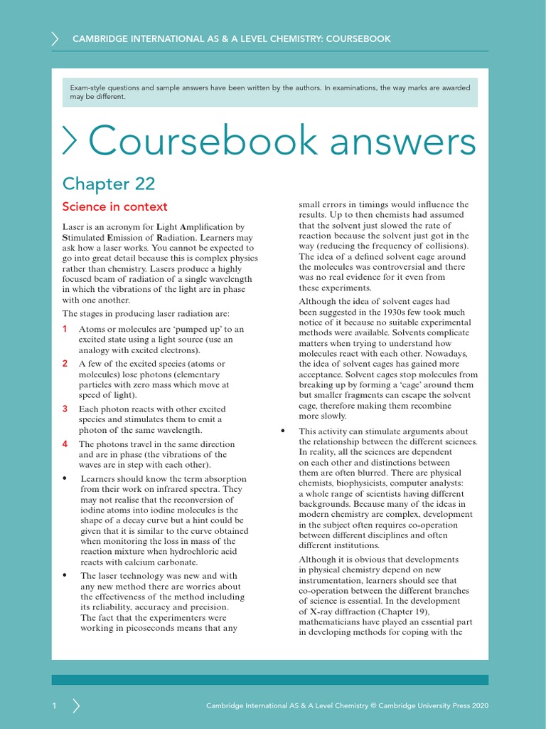 Coursebook Answers Chapter 22 Asal Chemistry | PDF | Reaction Rate | Laser