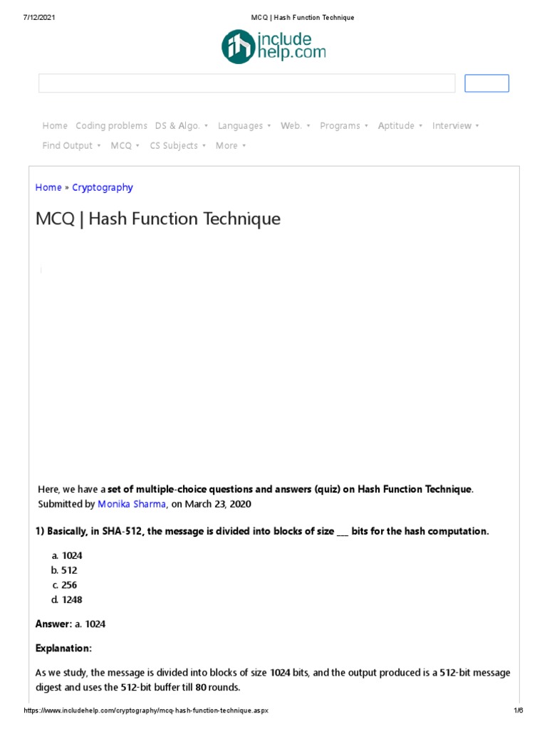 Hash Function Techniques MCQ Quiz | PDF | Cryptography | Secure ...