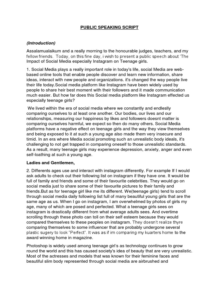 Public Speaking Script | PDF | Adolescence | Eating Disorder