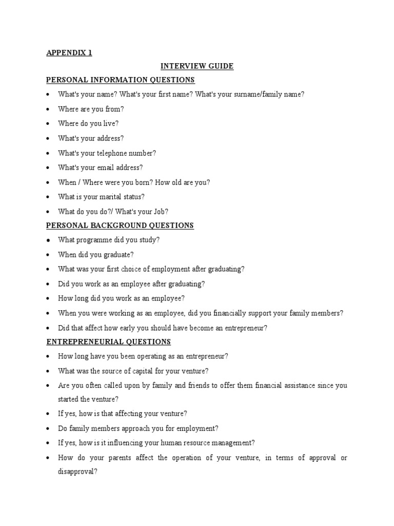 Appendix 1 Interview Guide Personal Information Questions | PDF ...