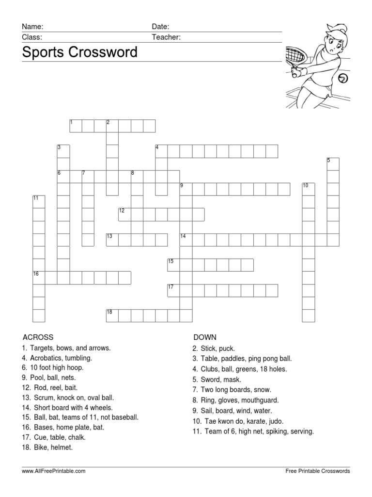 Name Date Class Teacher Free Printable Crosswords PDF Indoor Sports Sports Equipment