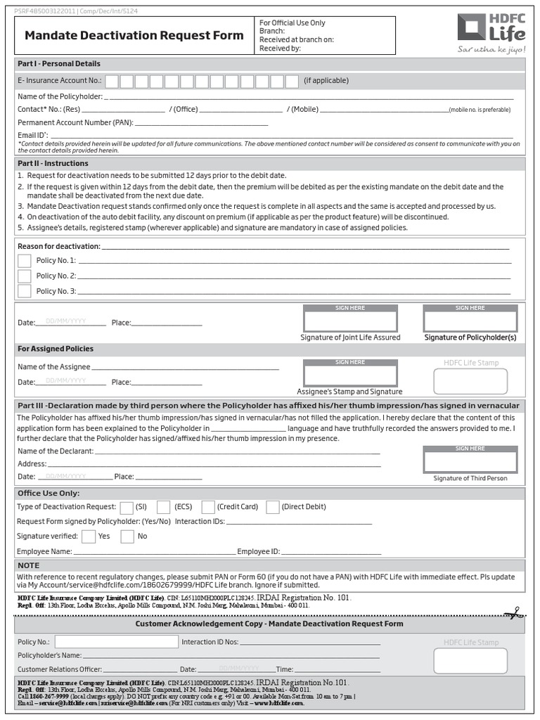 HDFC Life Mandate Deactivation Form | PDF | Insurance | Service Industries