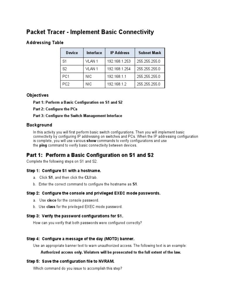 Packet Tracer Basic Connectivity Guide | PDF | Ip Address | Command ...