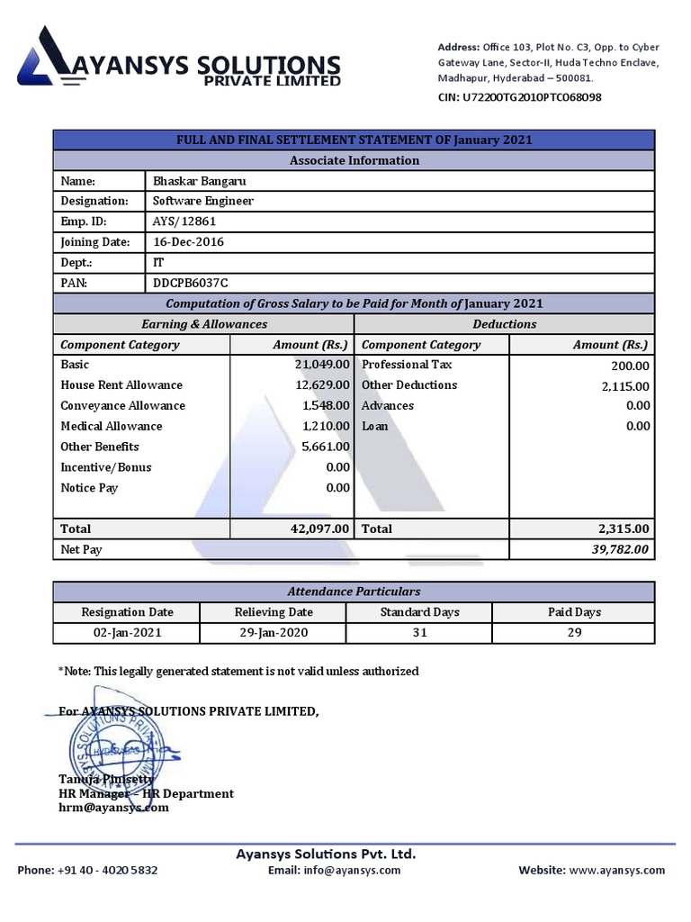 Full and final settlement statement of january 2021 associate