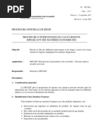 PROCÉDURE D’INTERVENTION EN CAS D’URGENCE  IMPLIQUANT DES MATIÈRES DANGEREUSES 