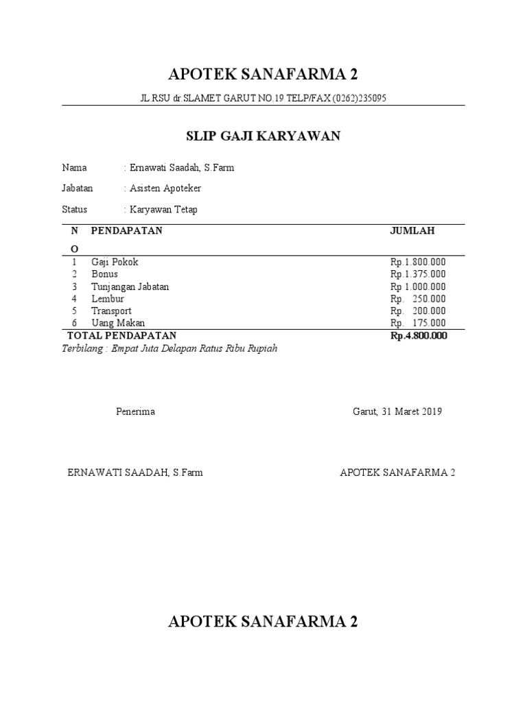 Slip Gaji Karyawan Apotek Sanafarma 2 PDF