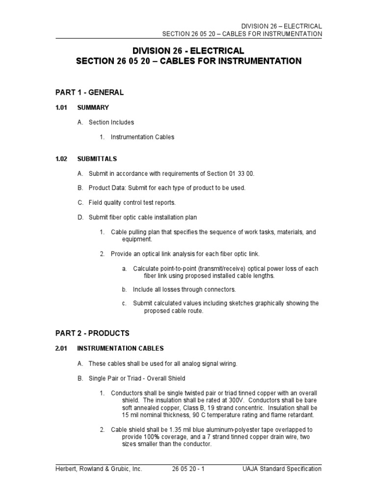 26 05 20 - Cables For Instrumentation | PDF | Electrical Wiring ...